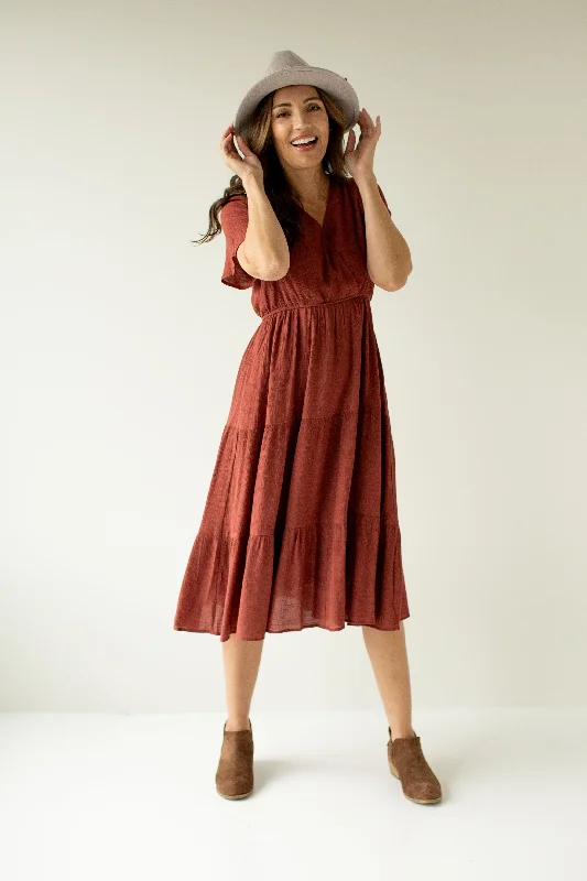 'Sonnet' Surplice Tiered Midi Dress in Cinnamon