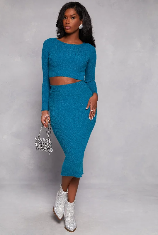 Ribbed Knit Slit Back Pencil Skirt