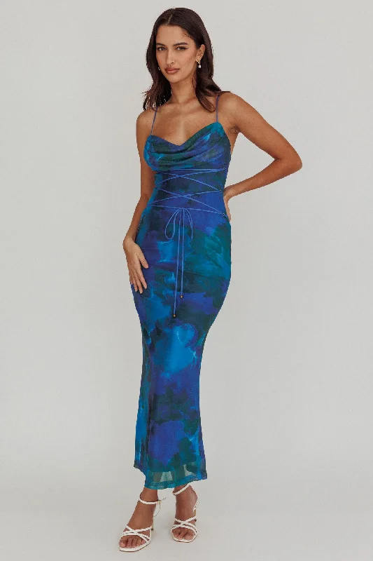 Teava Laced Waist Maxi Dress Print Blue