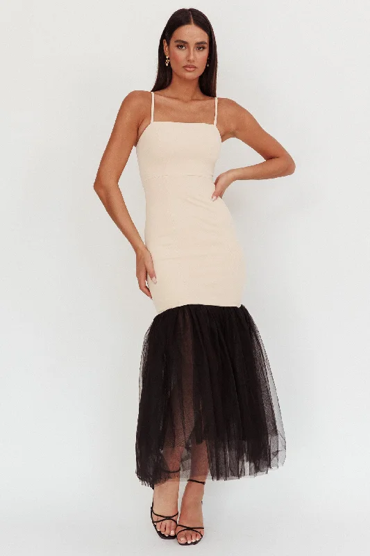 Tomie Tulle Hem Maxi Dress Beige Combo