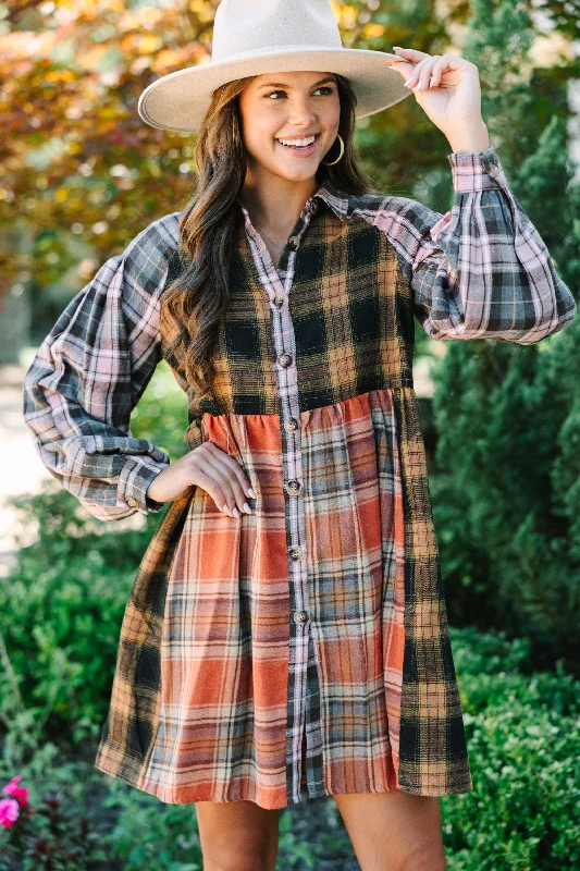 Turn You Around Orange Plaid Dress