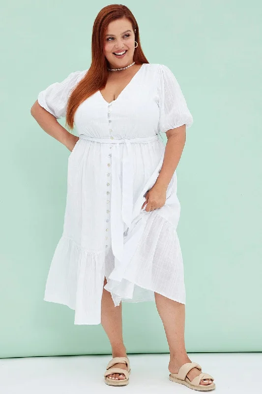 White Short Sleeve Textured Button Midi Dress